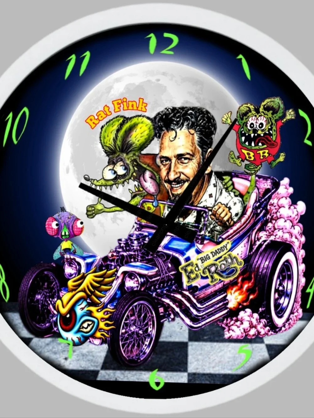 Neon Purple Rat Fink Hot-Rod Wall Clock - Colorful Art Clock